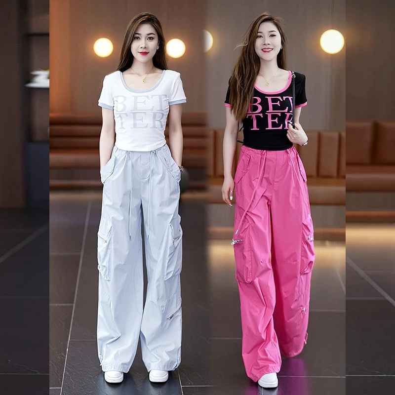 多巴胺洋气工装裤2025年夏新款时髦显瘦短袖上衣运动休闲服两件套