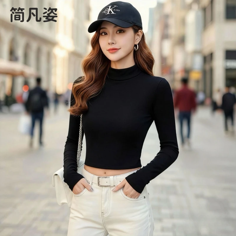 简丹姿黑色短款t恤女长袖春秋螺纹半高领打底衫内搭修身显瘦上衣