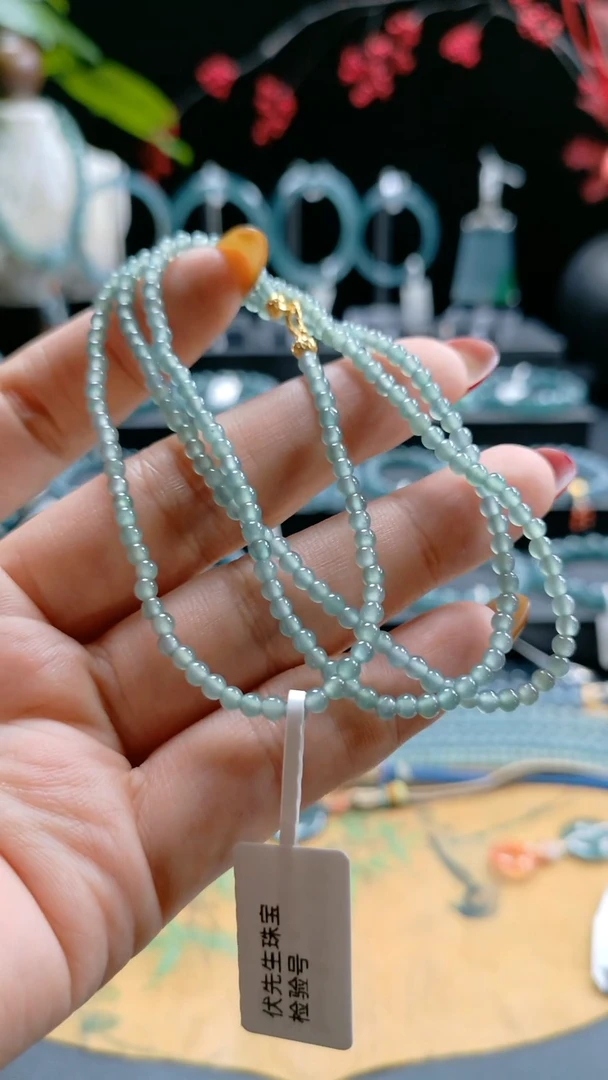 毛衣链未镶嵌翡翠3mm高冰玻天空蓝小米珠毛衣链