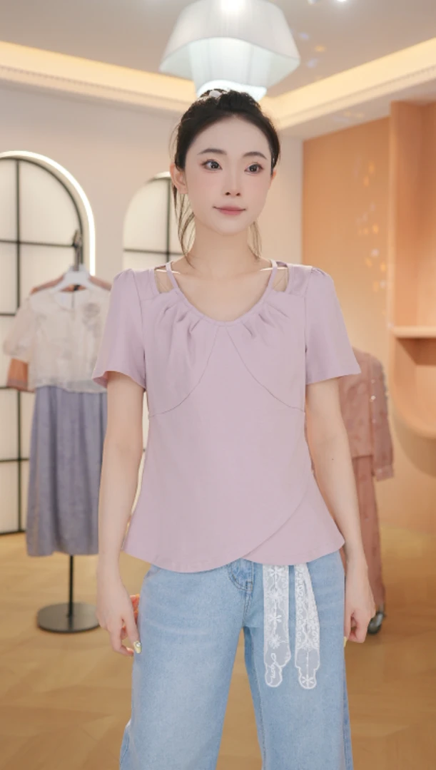 Z8267夏季圆领减龄短袖宽松小个子设计感T恤上衣女