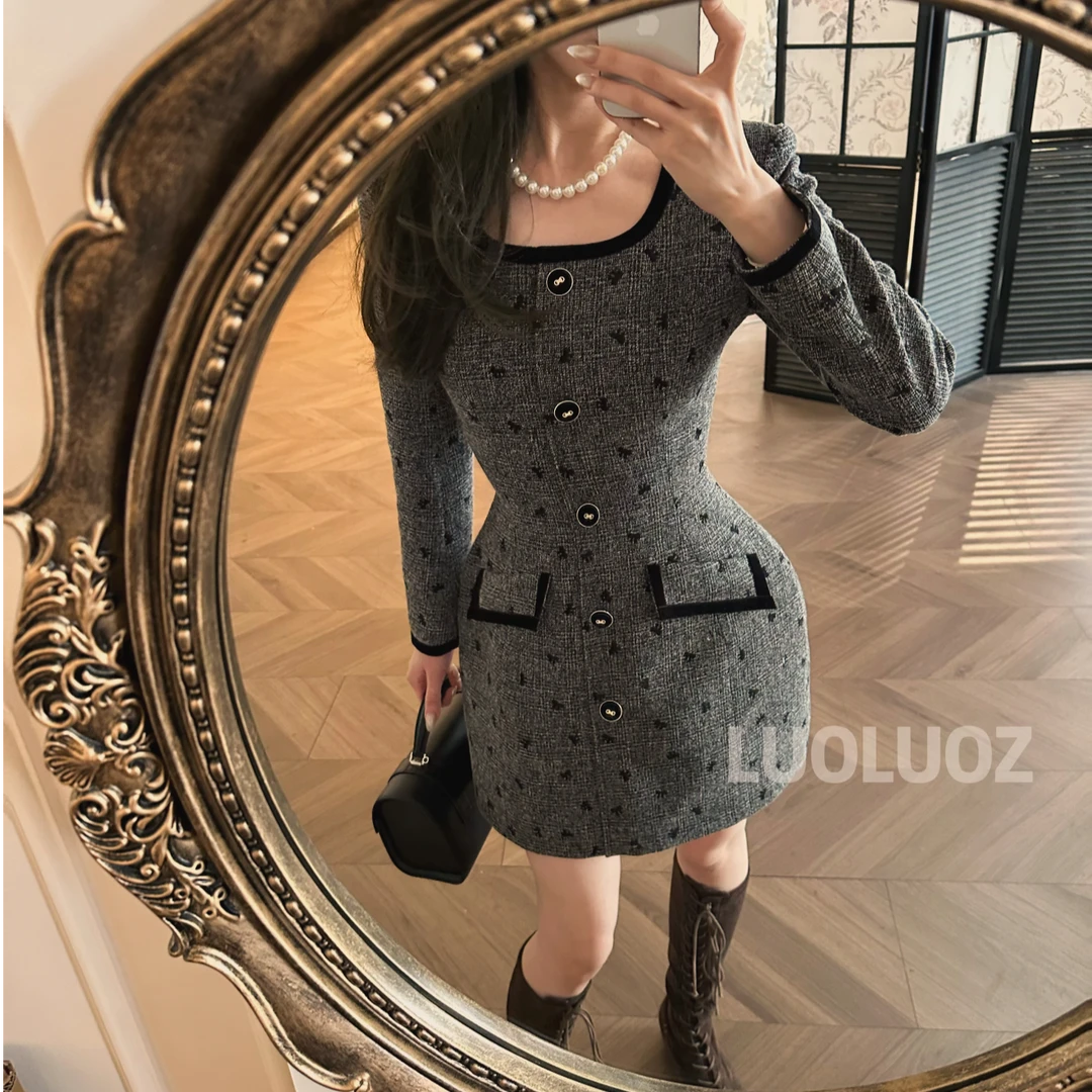 【现】LUOLUOZ【半岛花落】棉材质方领收腰短款时尚连衣裙JF1143