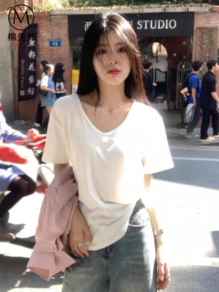 白色v领短袖正肩t恤女夏2025新款松弛感宽松韩版慵懒风高级感上衣