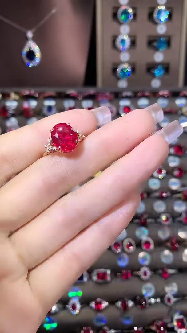 无925银鸽血红色戒指