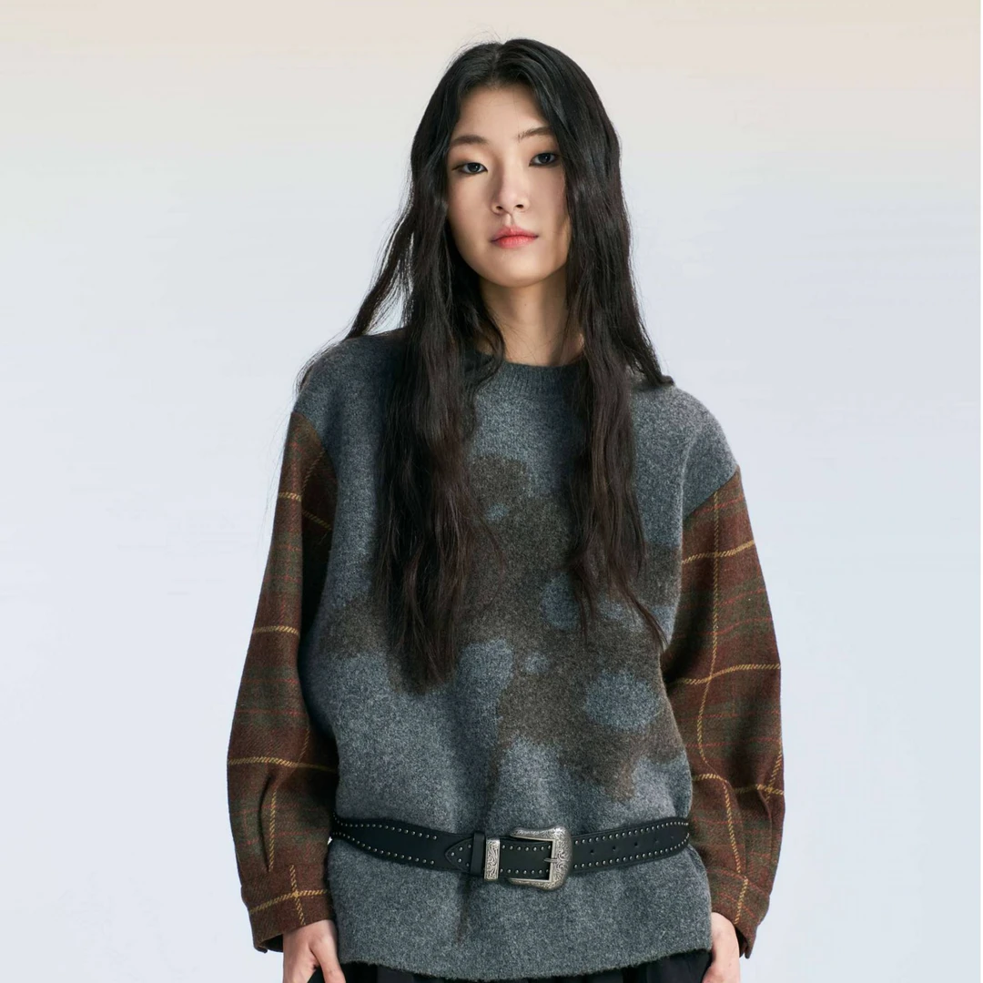 中古设计提花感格纹针织拼接质感套头宽松内搭保暖毛衣