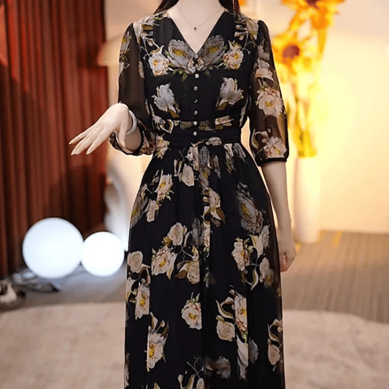 A396【连衣裙】2025早秋新款时尚气质优雅印花显瘦减龄休闲连衣裙
