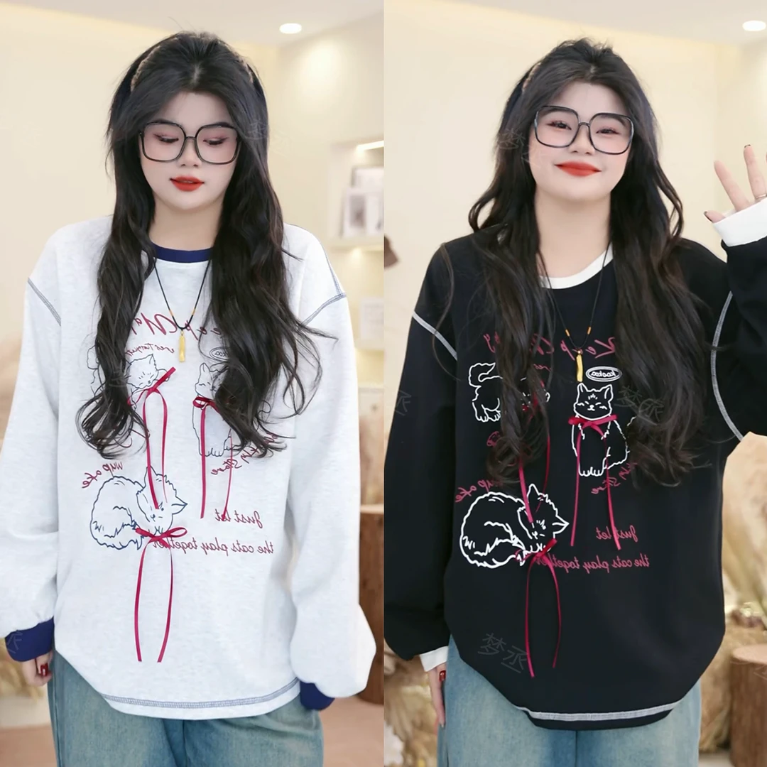 【萌猫手册】大码女装圆领蝴蝶结可爱小猫字母印花宽松百搭显瘦卫衣
