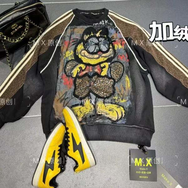 二龙欧货2店【加菲猫圆领豹纹加绒卫衣设计师潮牌】71011