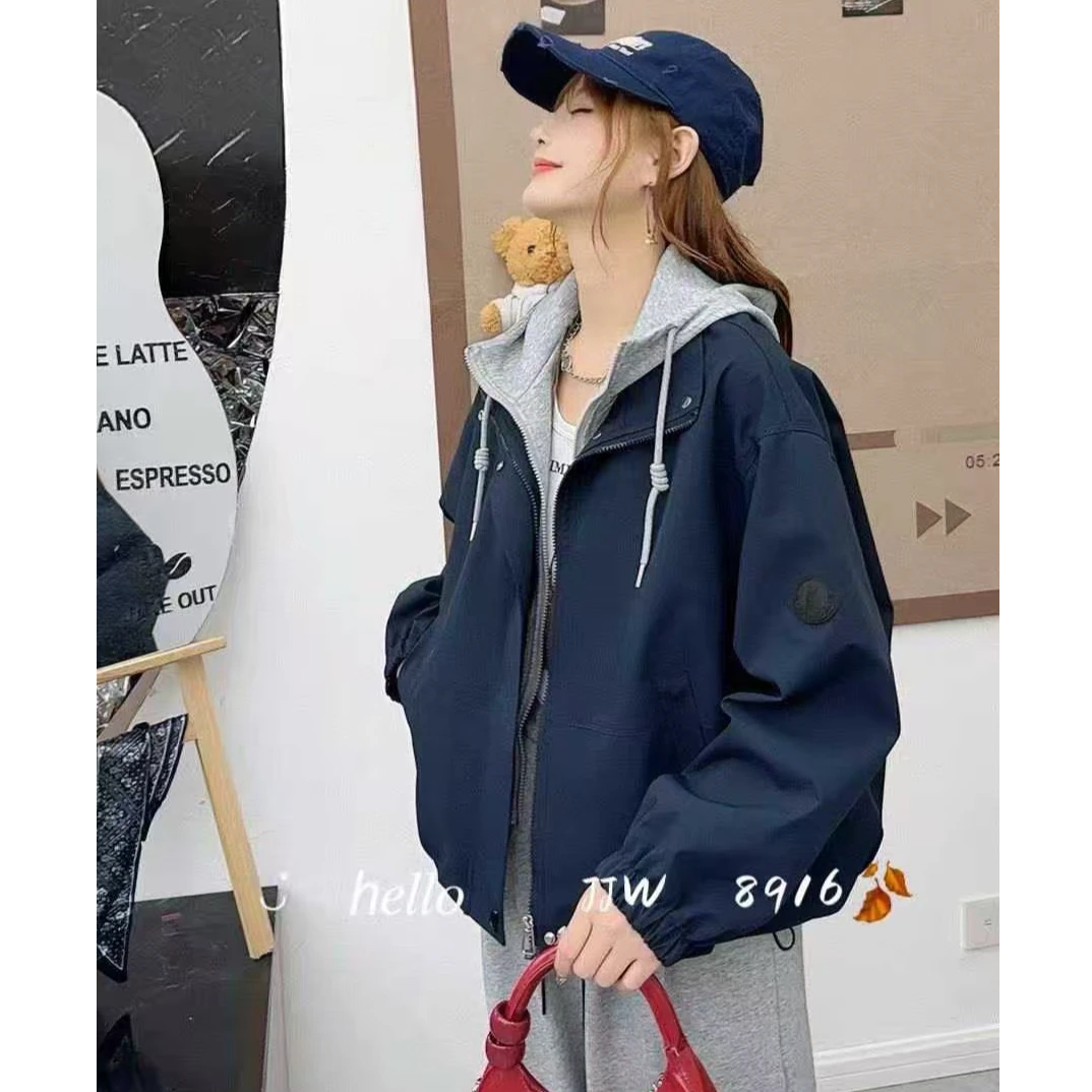 2025秋冬新款连帽假两件冲锋款外套加厚宽松百搭棉服