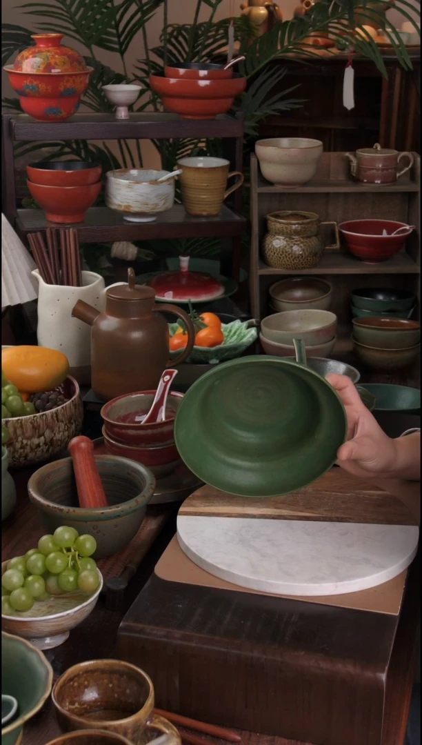 碗微瑕景德镇手工高温餐具复古绿面碗