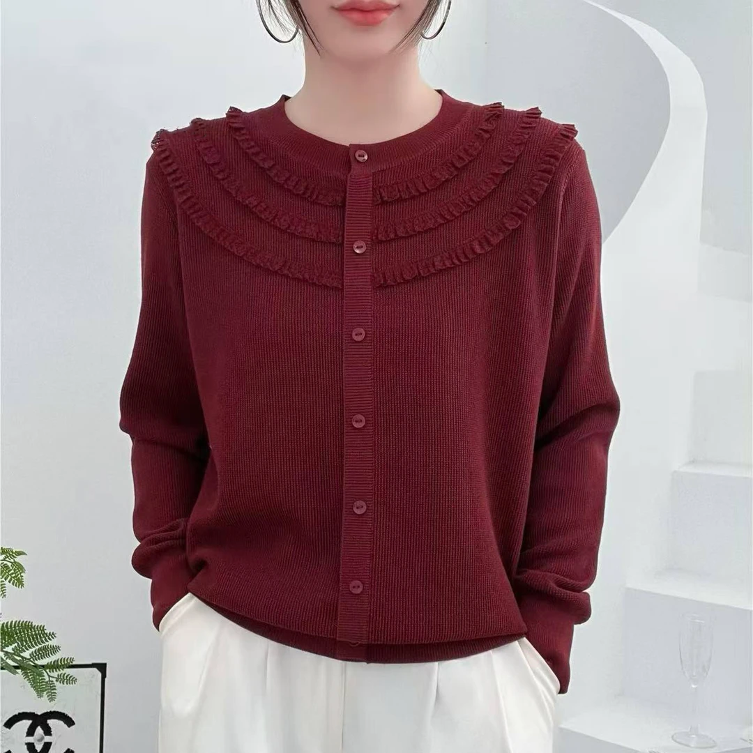 2025早春新款圆领花边针织上衣时尚百搭纯色打底衫A-031