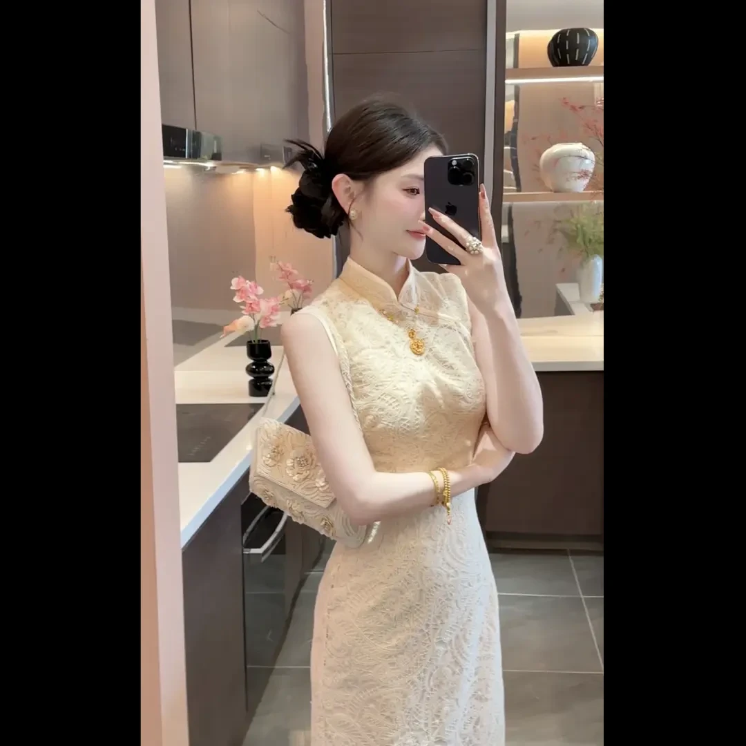 【白莲】2025新款新中式国风复古蕾丝立领修身显瘦旗袍连衣裙子女装