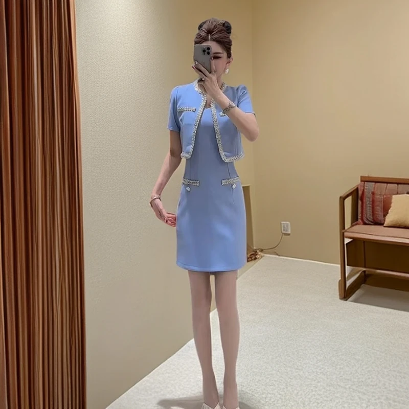 2025夏季新款气质套装裙女时尚小香风外套加修身显瘦连衣裙两件套