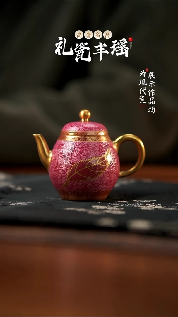丰瑶陶瓷胭脂红扒花描金树叶描金壶