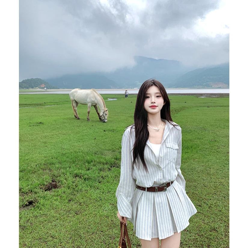爆爆兔-大码女装老钱风长袖条纹衬衫连衣裙女秋季短款百搭13011