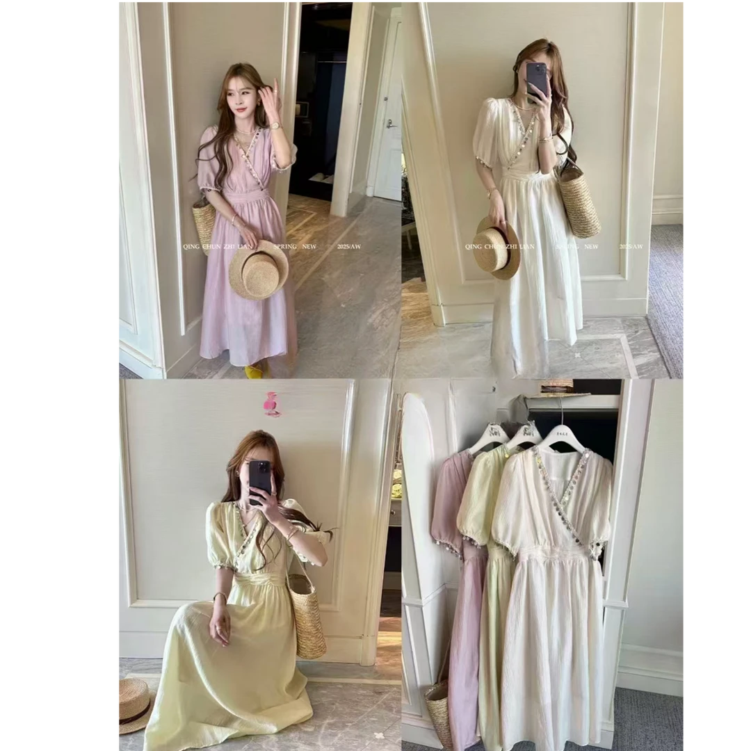 2025夏季新款收腰显瘦时尚V领度假风气质贝壳装饰长裙子HJ-1796