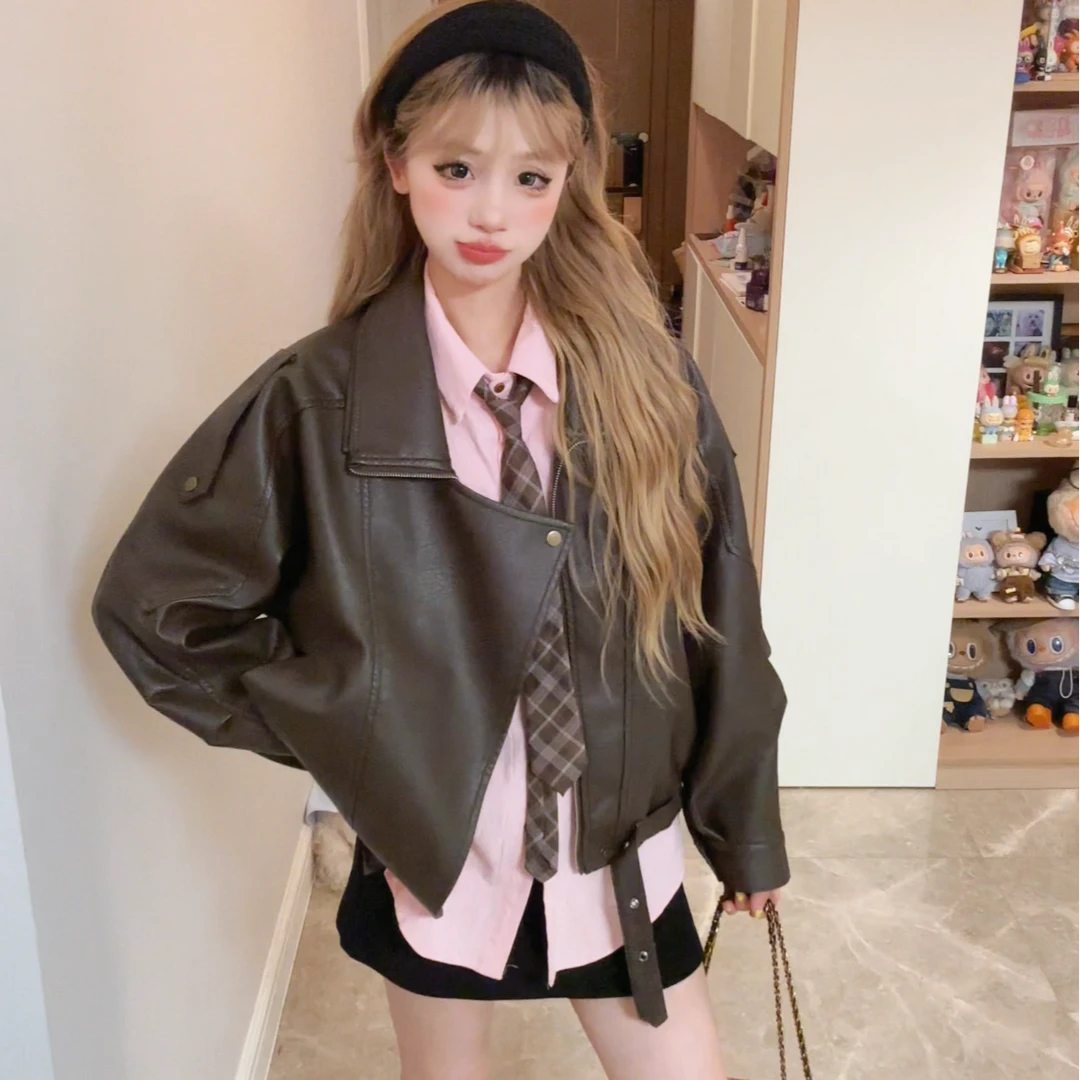 港风辣妹百搭皮夹克韩版风宽松机车服2025秋季新款ins皮衣外套女