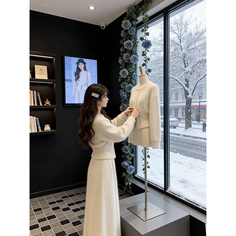 2025一整套极简风针织开衫半身裙两件套女巨好看秋冬气质显瘦套装