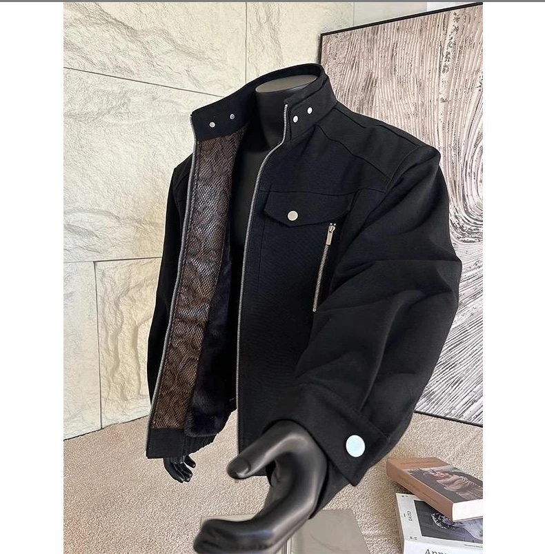 蛇纹拼接座山雕棉服男款冬季美式复古底特律夹克工装立领棉衣外套