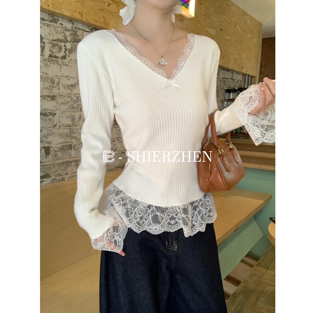 2025早春韩版v领温柔蕾丝边拼接针织衫安迪绒百搭打底长袖内搭