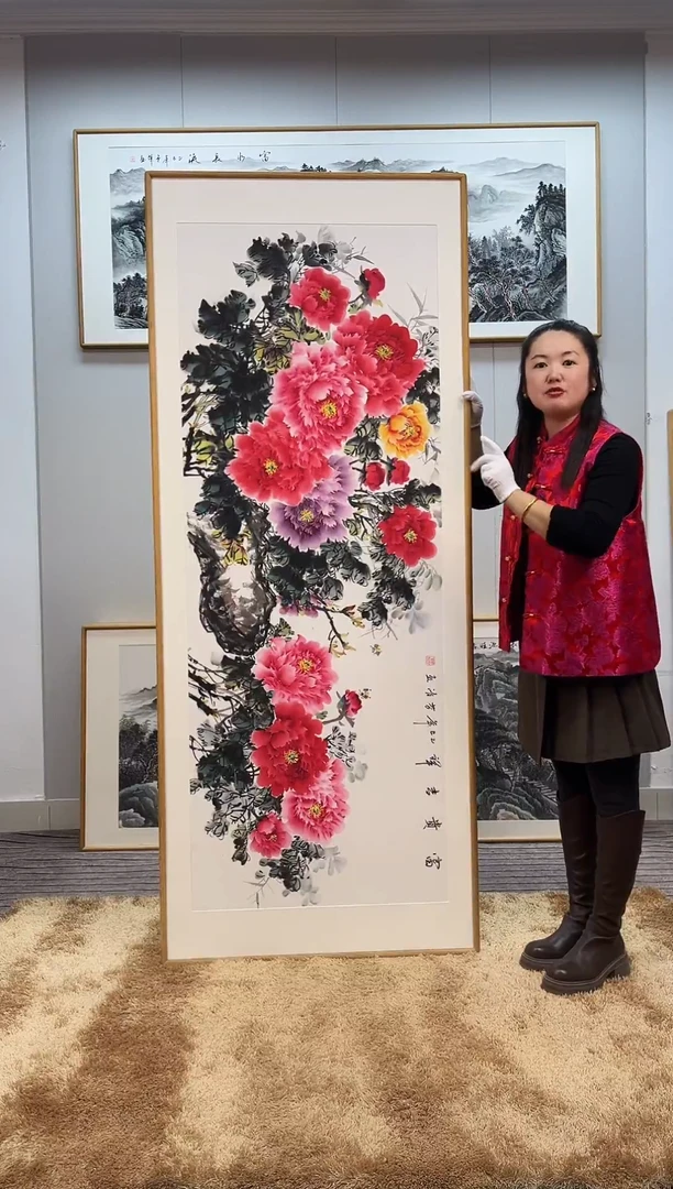 国画手绘牡丹202*82尺寸