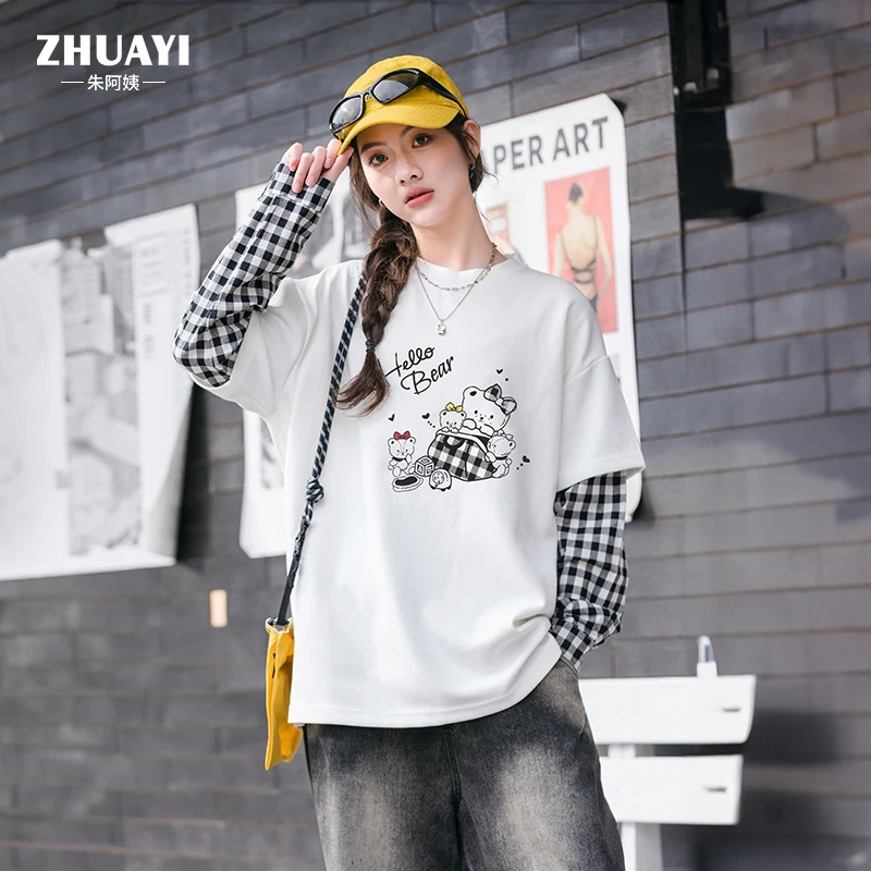 朱阿姨女大童假两件T恤2025新款春季百搭时尚长袖学生党圆领上衣