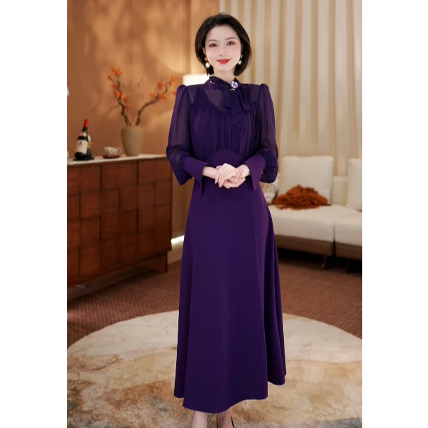 兰瑟儿秋季裙子轻奢气质优雅立领系带长袖收腰连衣裙104QL8022