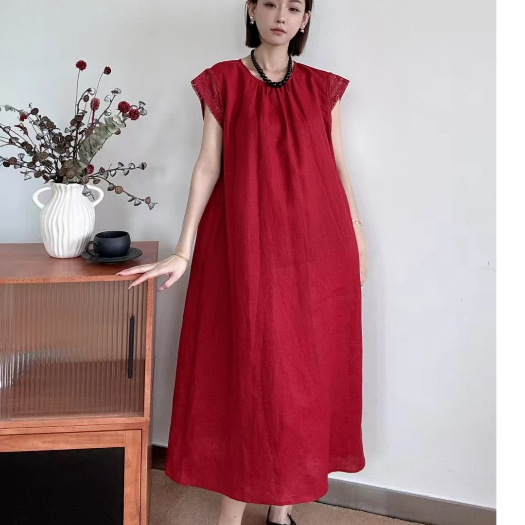 欧货2025夏季新款时尚简约优雅圆领无袖亚麻小飞袖连衣裙显瘦