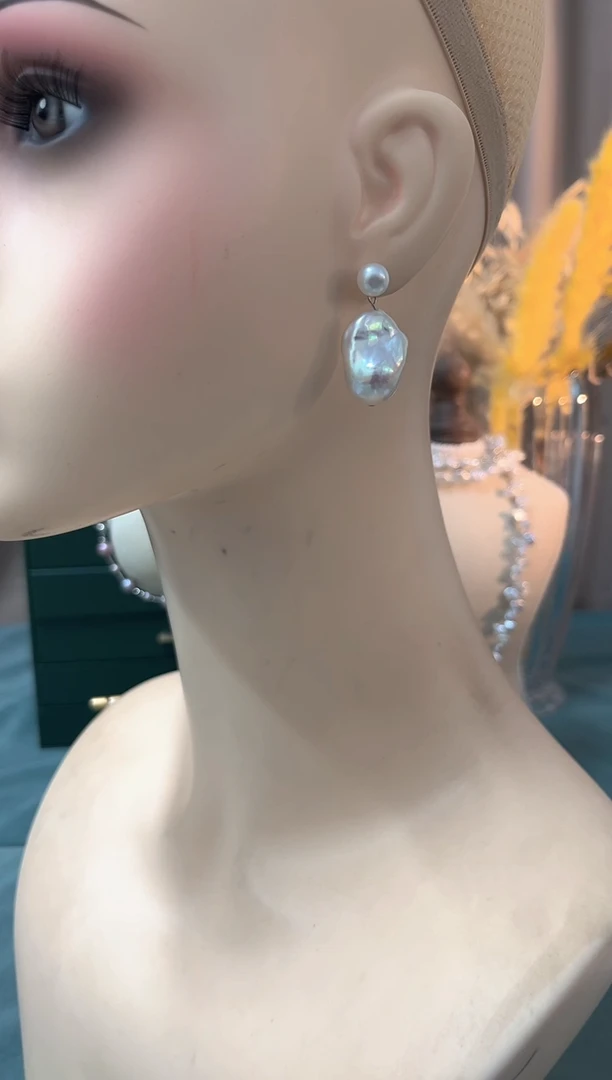 银S925镶嵌耳饰淡水珍珠极光大巴耳钉福利款