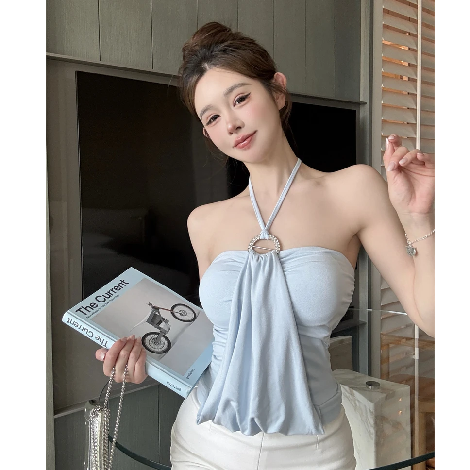 纯欲风夏季新款镶钻金属性感挂脖背心显瘦气质外穿吊带海边上衣女