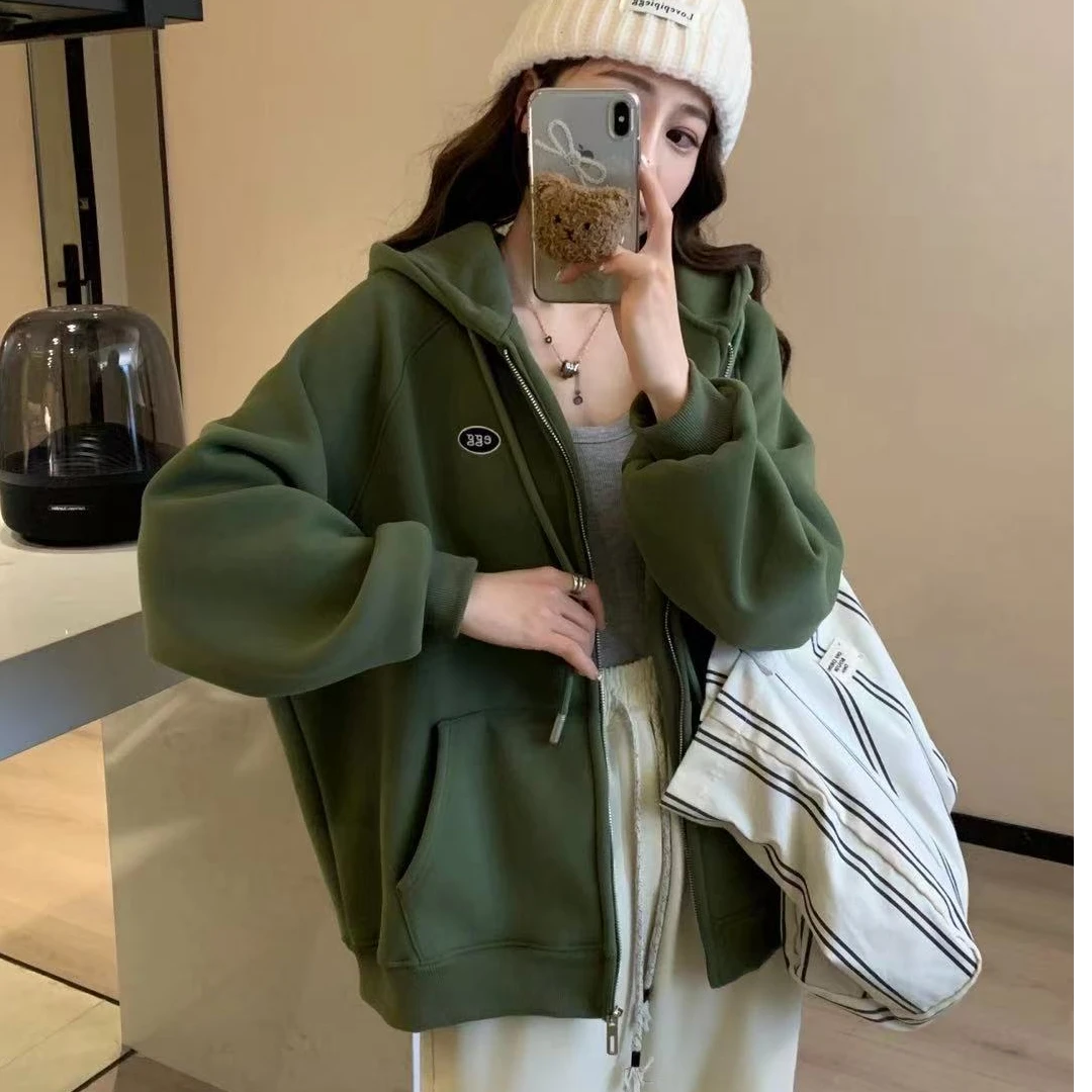 2024秋冬新款加绒加厚连帽拉链时尚百搭运动大外套休闲韩版