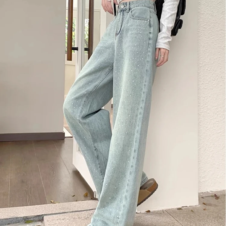 浅色重工烫钻牛仔裤波点2024新款设计感时尚百搭潮流休闲阔腿裤