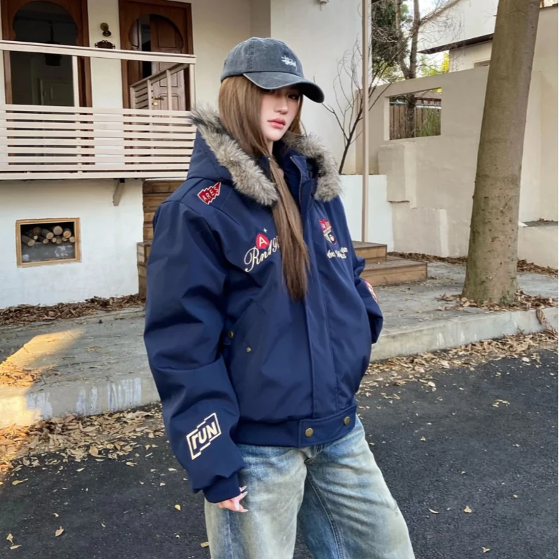 冬季美式复古刺绣徽章毛领可拆卸连帽男女秋冬加厚棉服外套2025款