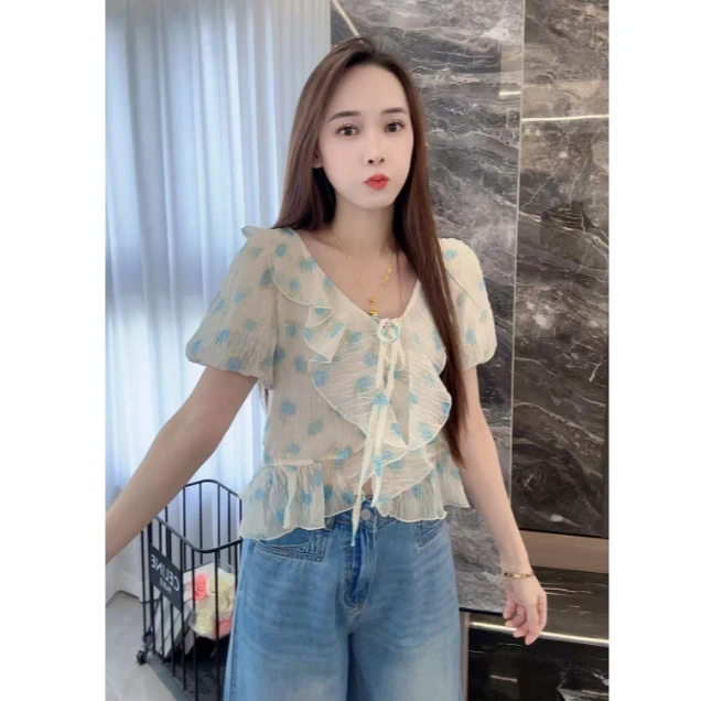 温柔甜美V领荷叶边衬衫4814~MJA