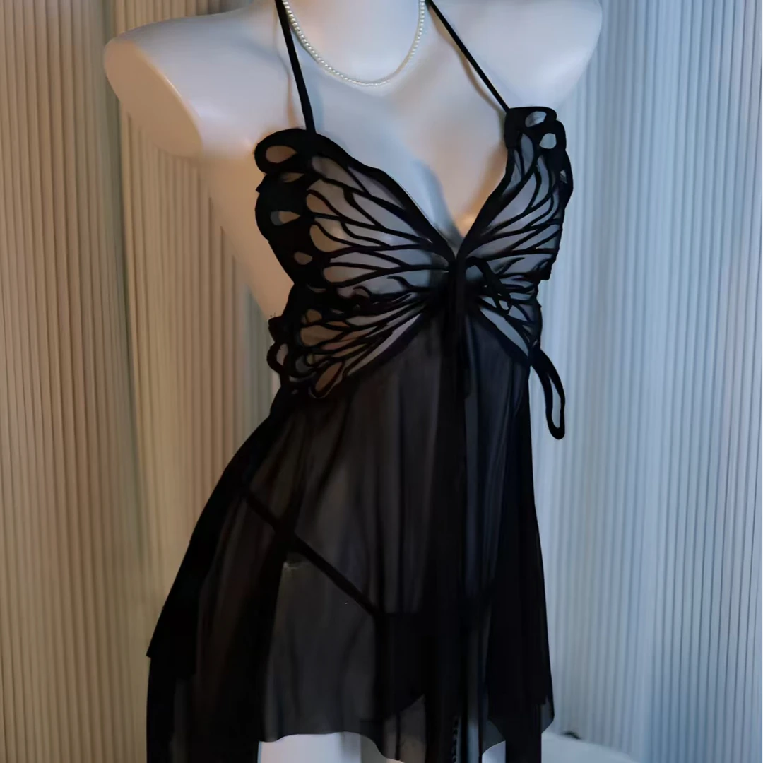 翩翩【80-200】露背网纱蝴蝶挂脖吊带睡裙显瘦气质美背法式