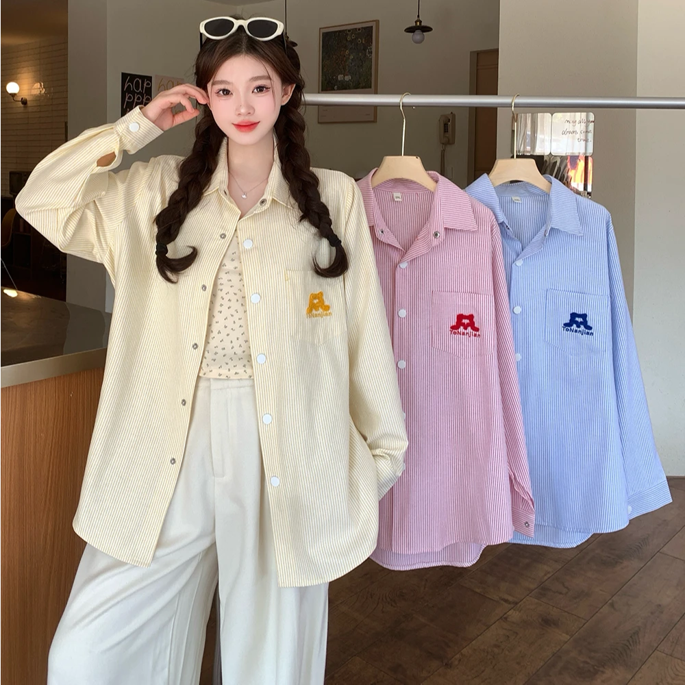 大码法式休闲条纹长袖衬衫女装春季薄款防晒衬衣胖MM宽松显瘦上衣