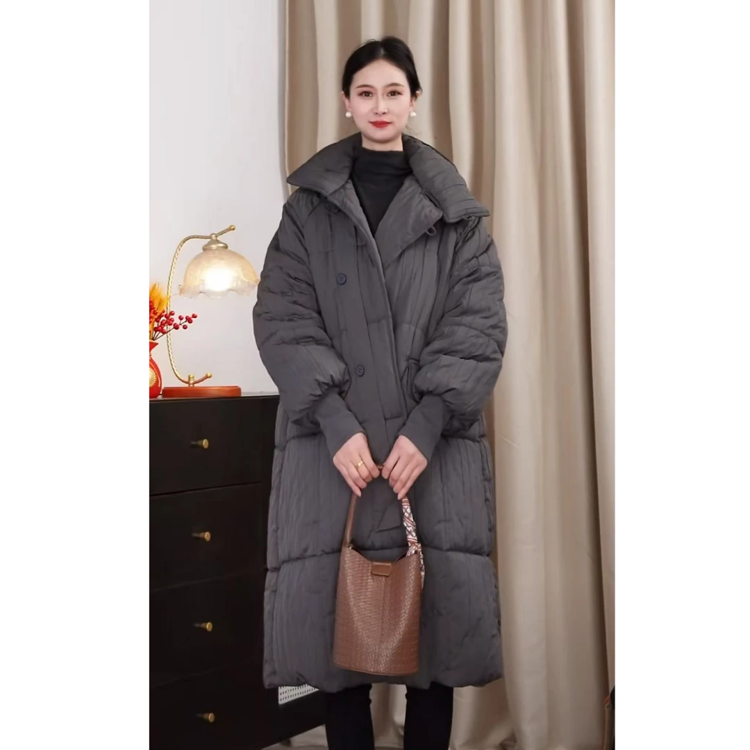 风琴褶立领女士宽松加厚保暖冬季时尚洋气气质长款棉服百搭抗皱