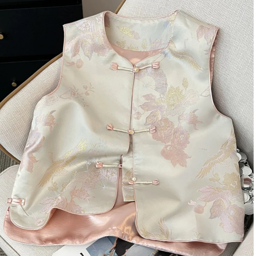 新中式马甲女款高端织锦背心坎肩中国风无袖上衣马夹外穿盘扣外搭