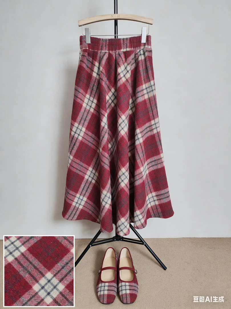 风华珏（红格）加厚冬季双面格子呢料显瘦半身裙