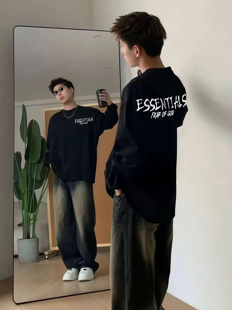 重磅长袖男美式圆领潮牌痞帅炸街打宽松底衫秋内搭潮流时尚T纯棉