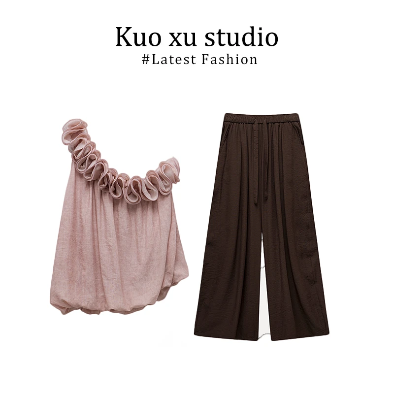 洋气衣服女气质设计感重工花边斜肩花苞背心上衣休闲直筒阔腿裤子