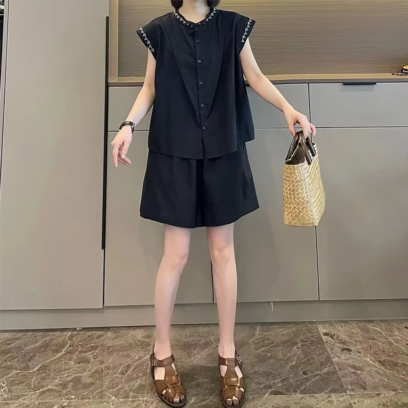 小个子夏装搭配一整套刺绣小飞袖衬衫短裤套装2025夏季爆款两件套