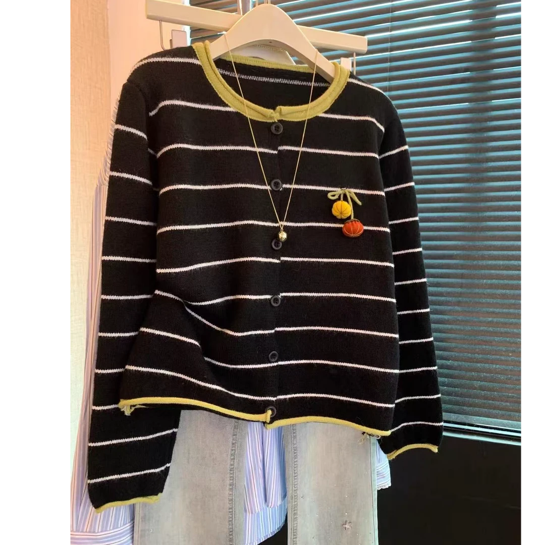 Miss•赵女装2~两个南瓜条纹开衫毛衣01264