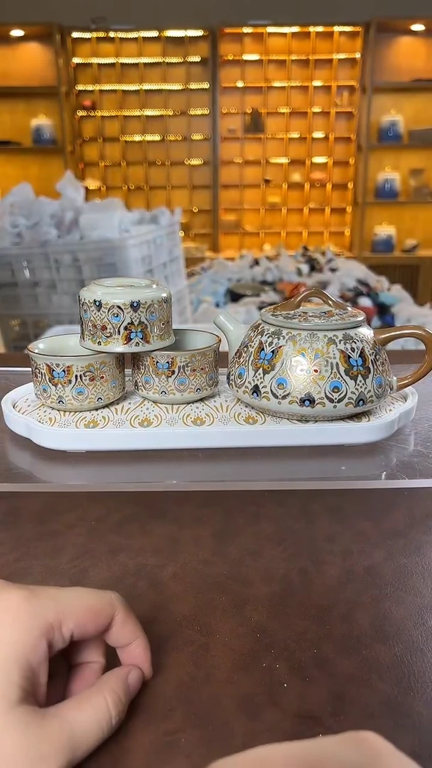 瓷片花溪陶瓷00000金银错石瓢壶+3杯+茶盘