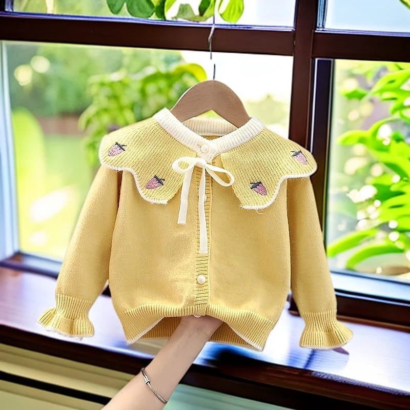 春秋新款女童秋冬毛衣外套儿童韩版花边领针织衫女宝宝开衫毛线衣