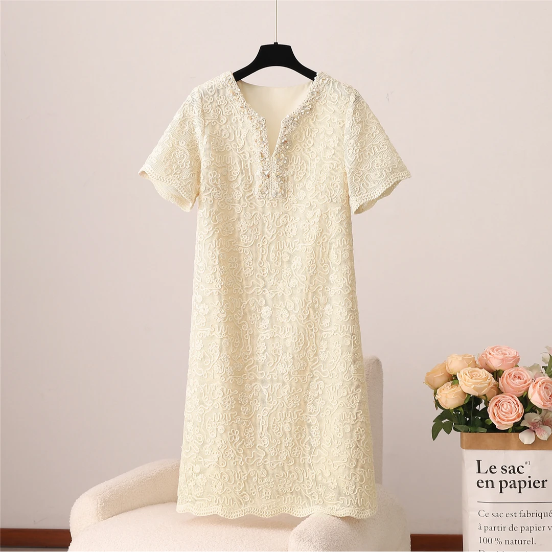 COLD MEDIUM法式宫廷风钉珠中腰V领连衣裙夏季收腰V领中长款A65