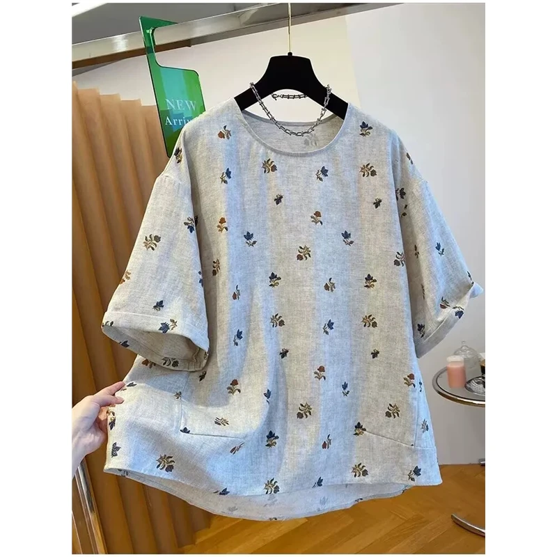 超大码300斤港式洋气亚麻别致短袖T恤夏季男女宽松潮流松弛感上衣