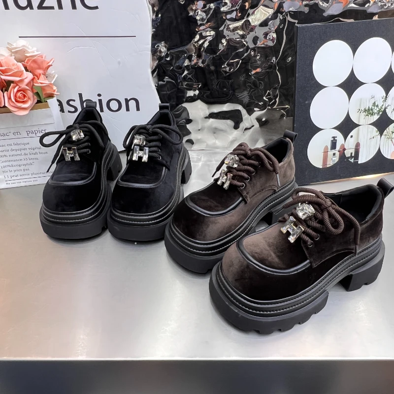 欧货小众乐福鞋金丝绒水钻设计厚底增高7cm学院风精致显脚小女鞋