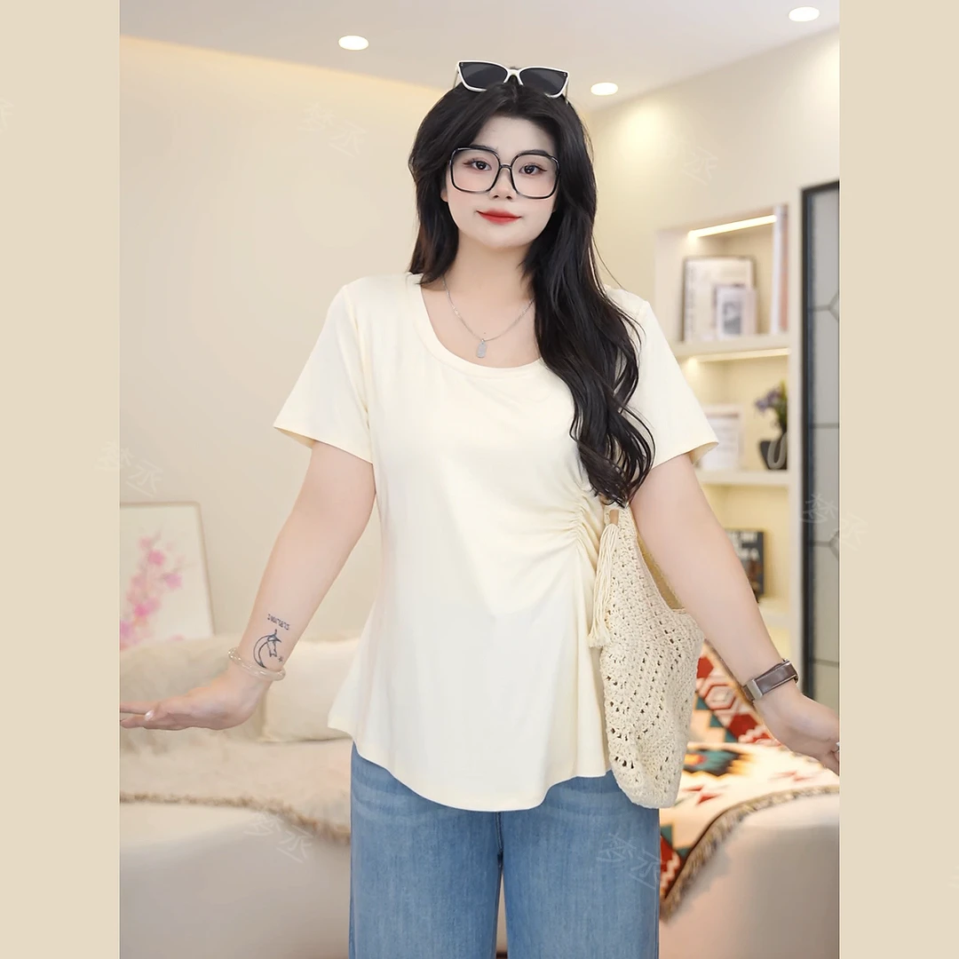 梦丞-大码女装夏季圆领时尚正肩不规则褶皱气质纯色短袖T恤上衣女