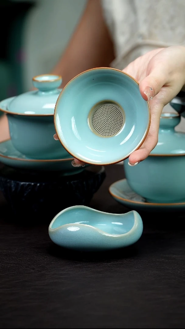 珑匠天青圈足三足茶漏-单漏