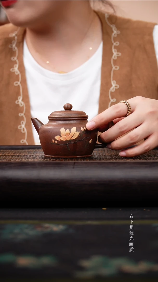 茶壶紫砂柴烧 泥绘 大腹水平
